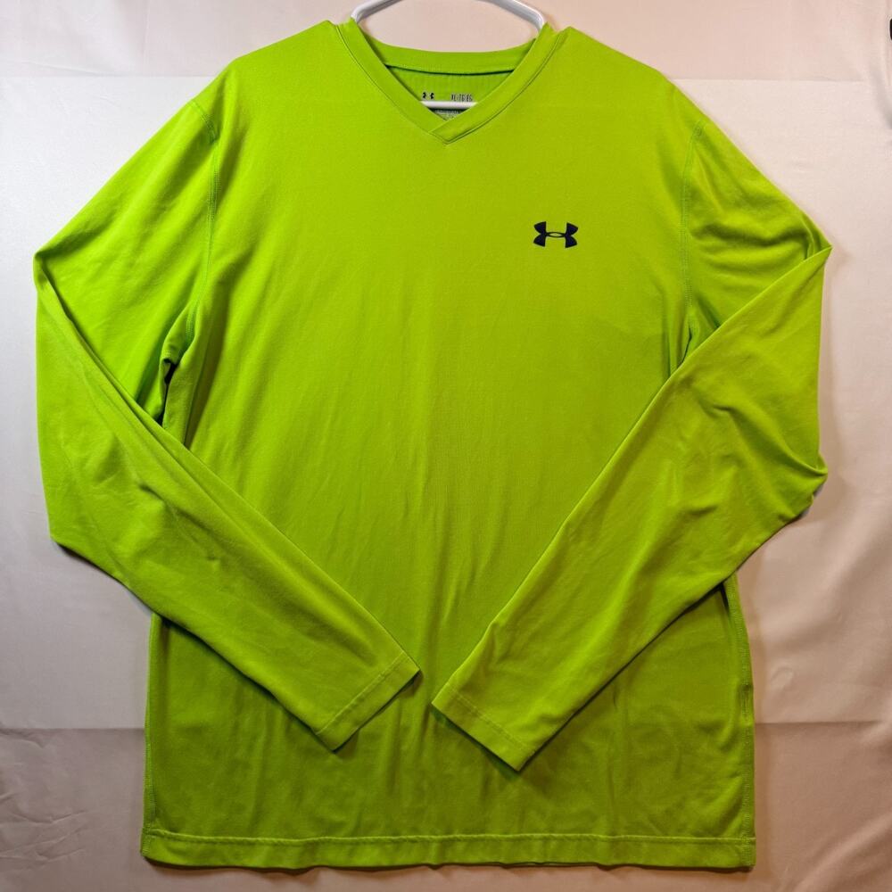 Under Armour ColdGear Fitted Long Sleeve V Neck Shirt Neon Lime Mens Size XL